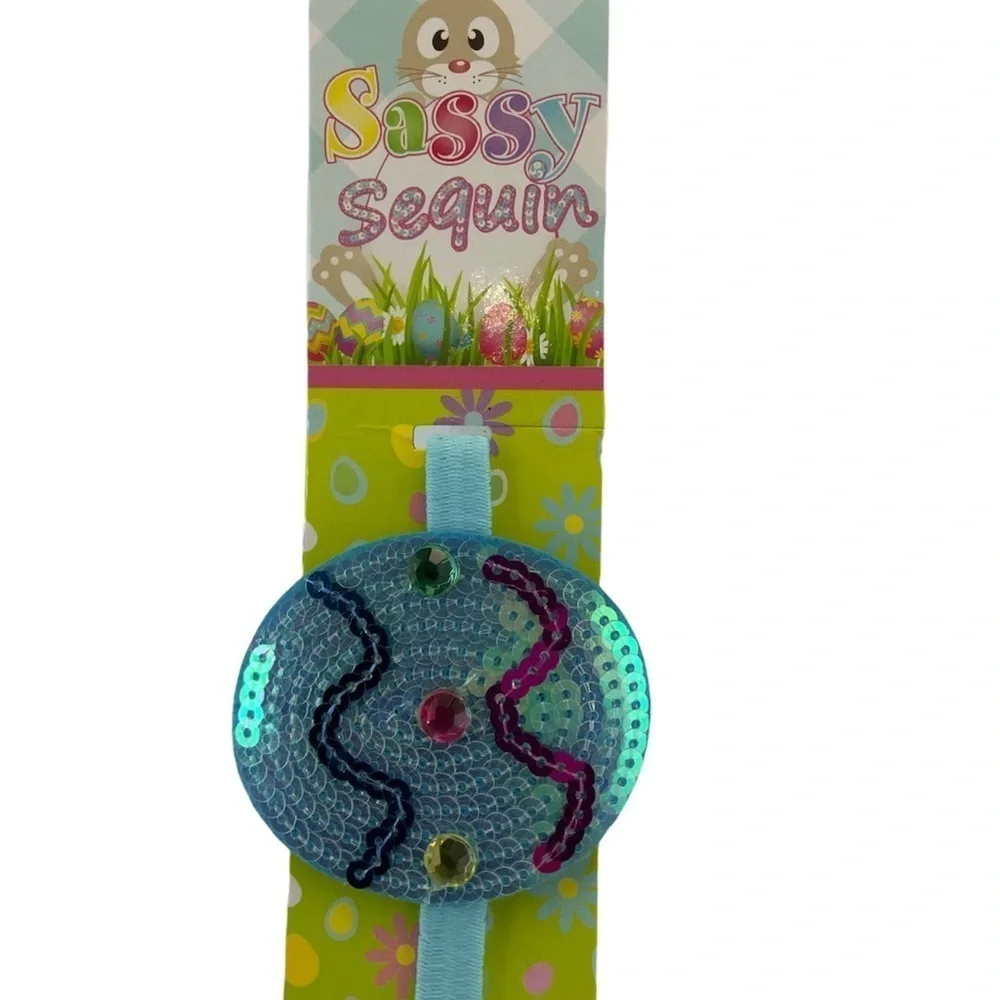 Sassy Sequin Easter Headband Elasticized Band Easter Egg Blue